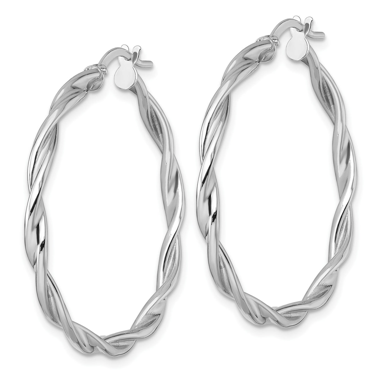 14k White Gold Twisted Hoop Earrings with Polished Braid Design, Lightweight Tube Style