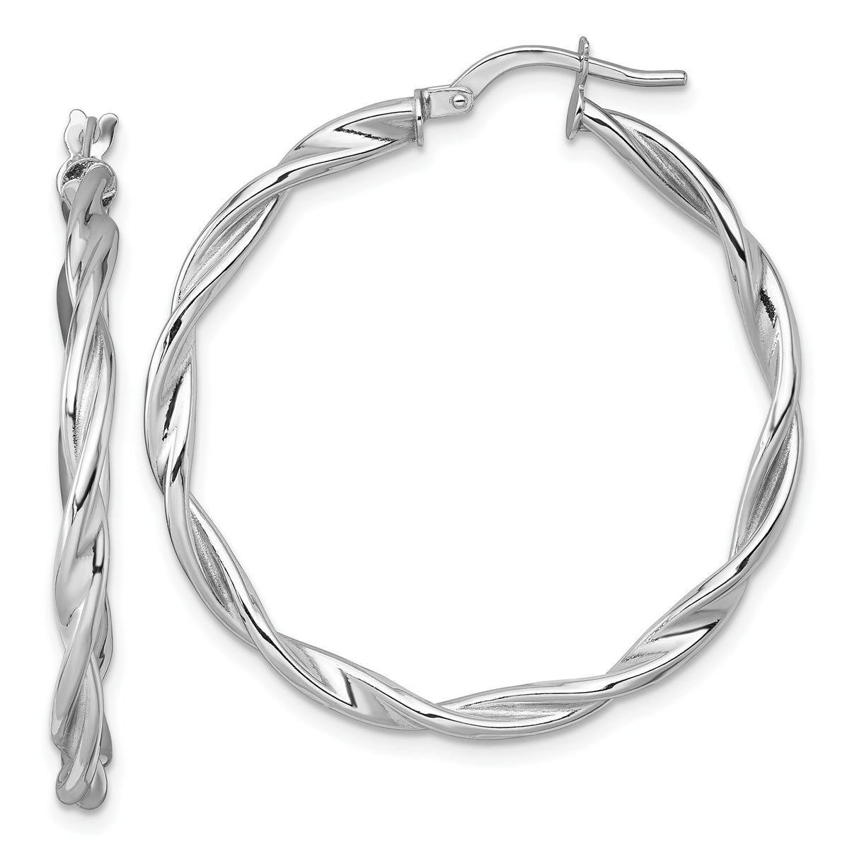 14k White Gold Twisted Hoop Earrings with Polished Braid Design, Lightweight Tube Style