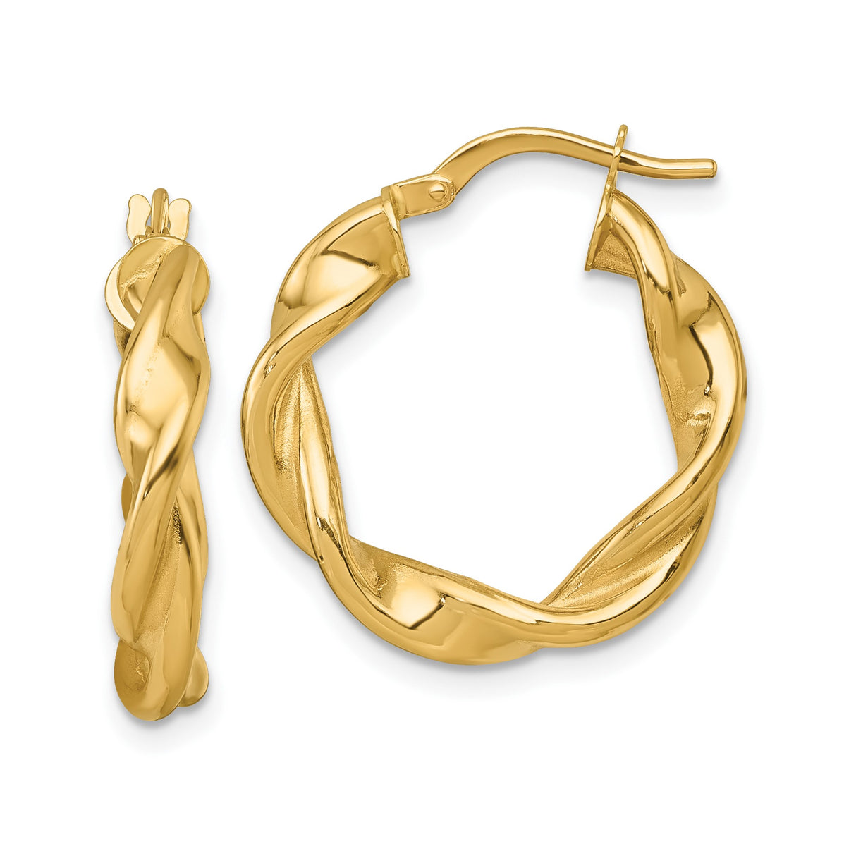 14k Yellow Gold Hoop Earrings, Twisted Braided Design, Lightweight Polished Style for Women