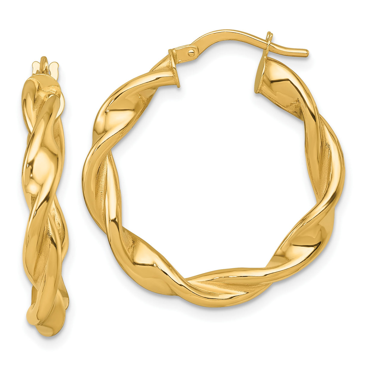 14k Yellow Gold Twisted Hoop Earrings, Braided Polished Design for Women