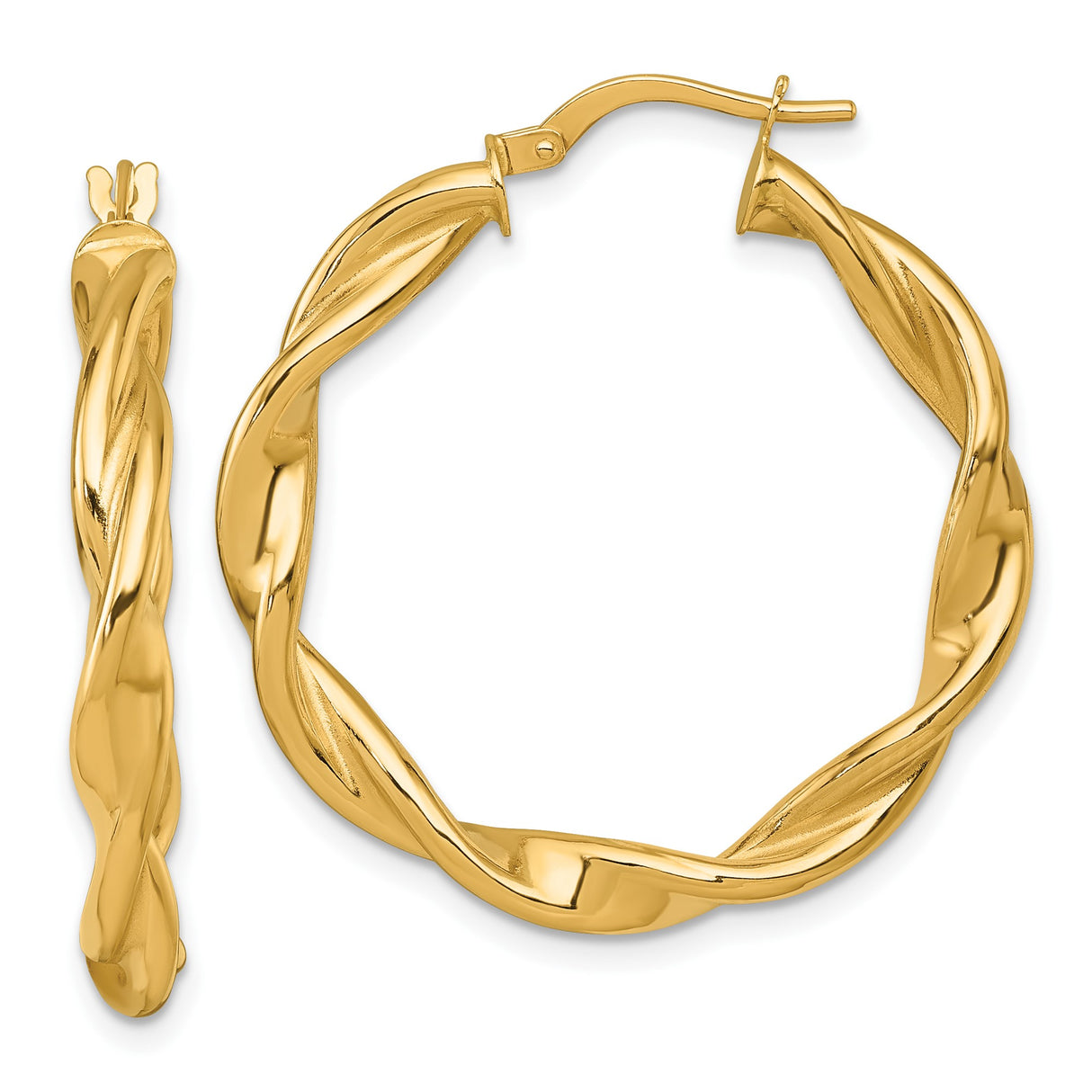 14k Yellow Gold Hoop Earrings, Twisted Braided Design, Polished Lightweight Style for Women