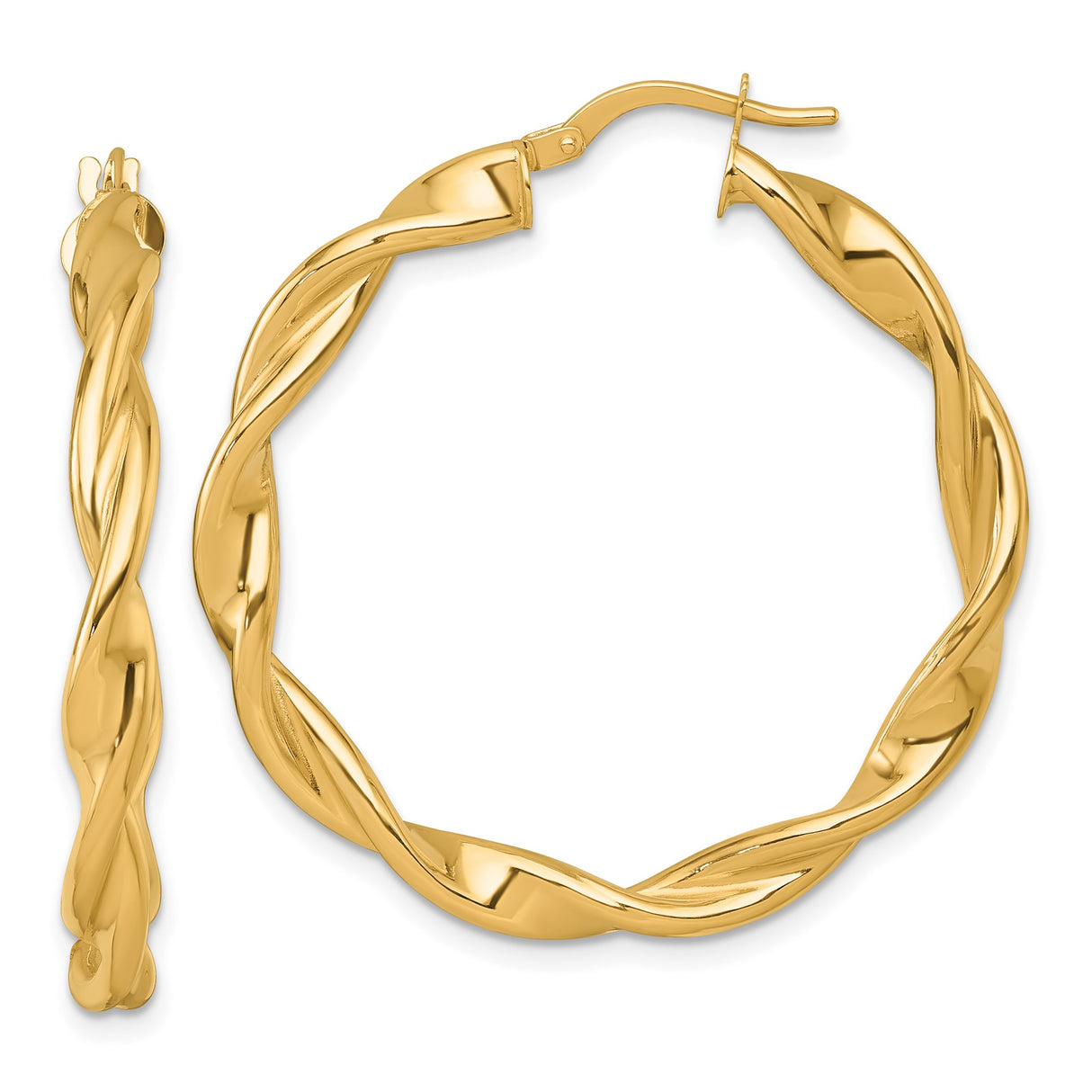 14k Yellow Gold Hoop Earrings, Twisted Intertwined Design, Polished Finish, Medium Size for Women