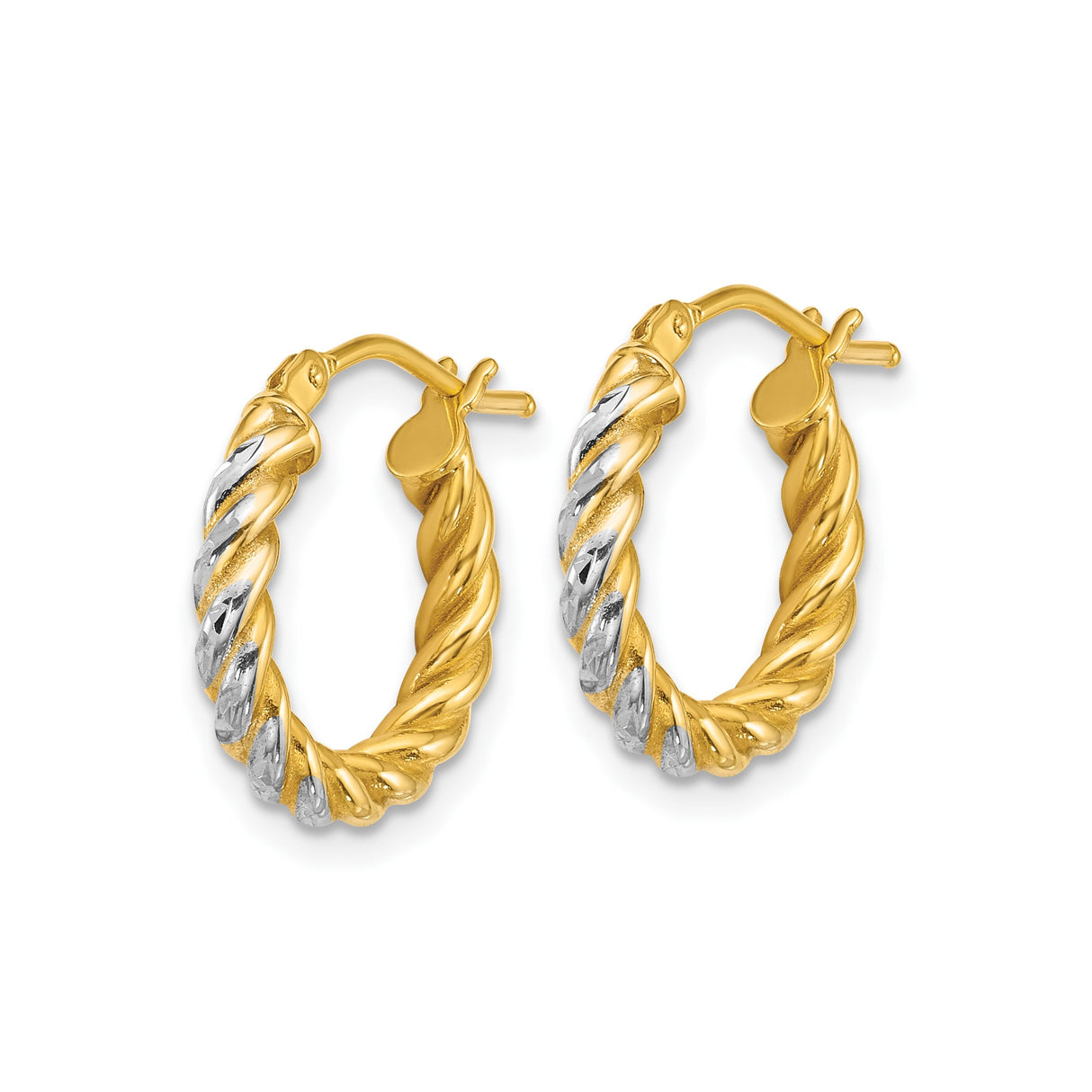 14k Yellow Gold and Rhodium Hoop Earrings, Twisted Two-Tone Rope Design, High Polish Finish