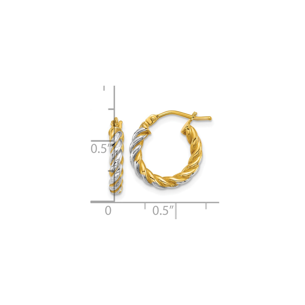 14k Yellow Gold and Rhodium Hoop Earrings, Twisted Two-Tone Rope Design, High Polish Finish