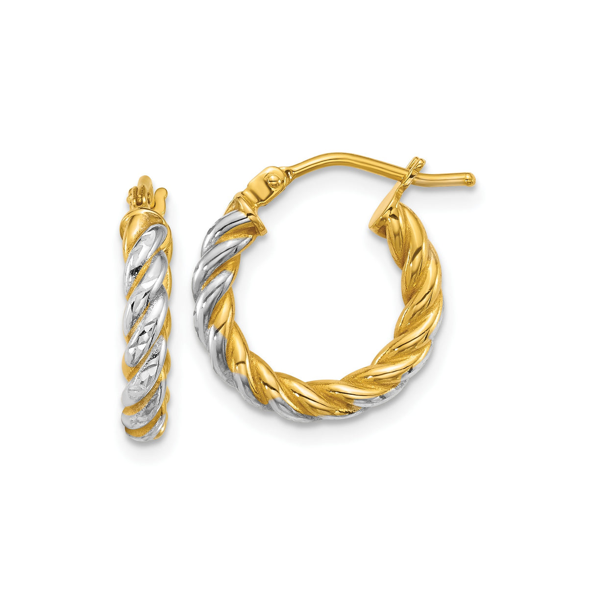 14k Yellow Gold and Rhodium Hoop Earrings, Twisted Two-Tone Rope Design, High Polish Finish