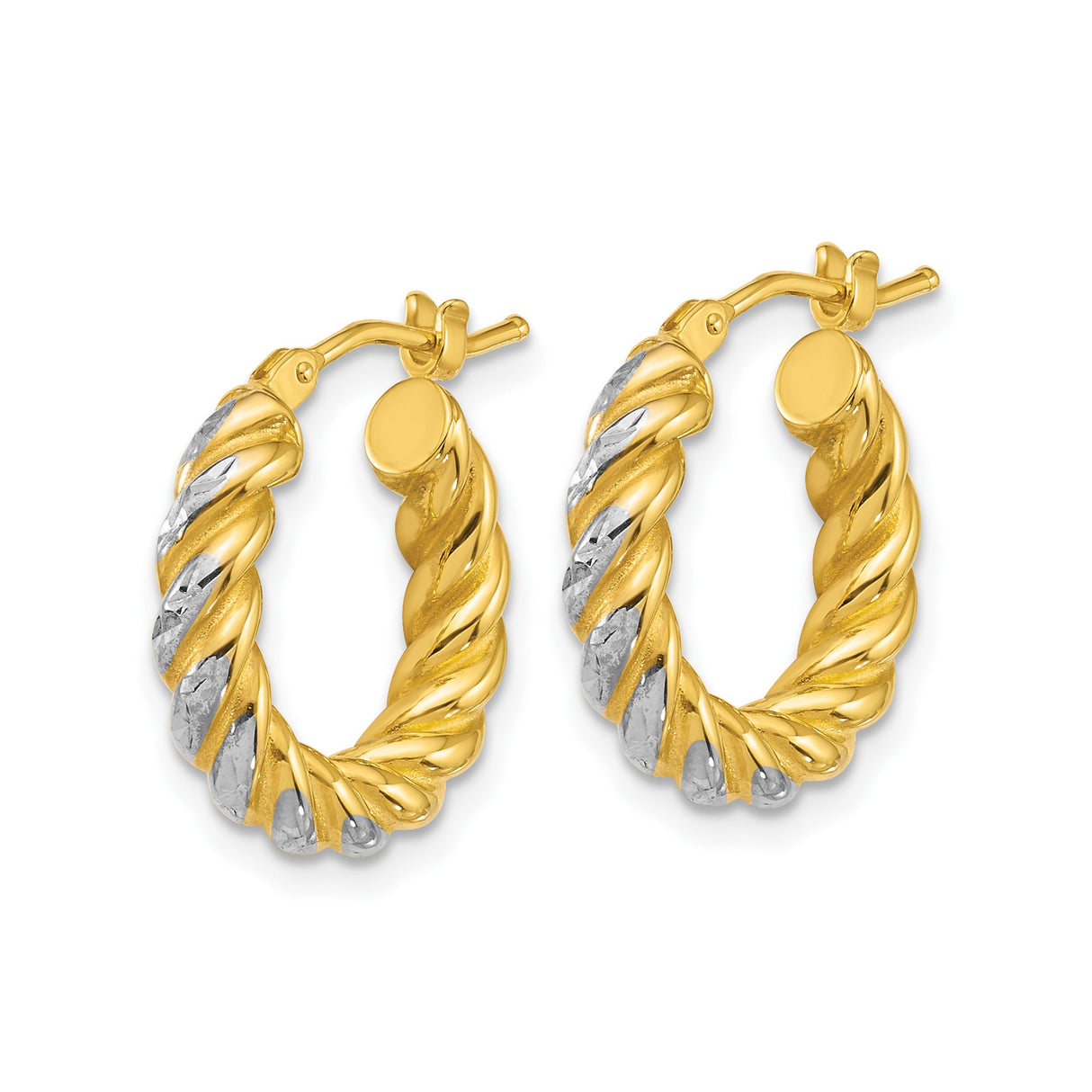 14k Yellow Gold Crossover Hoop Earrings with Twisted Two-Tone Rope Design