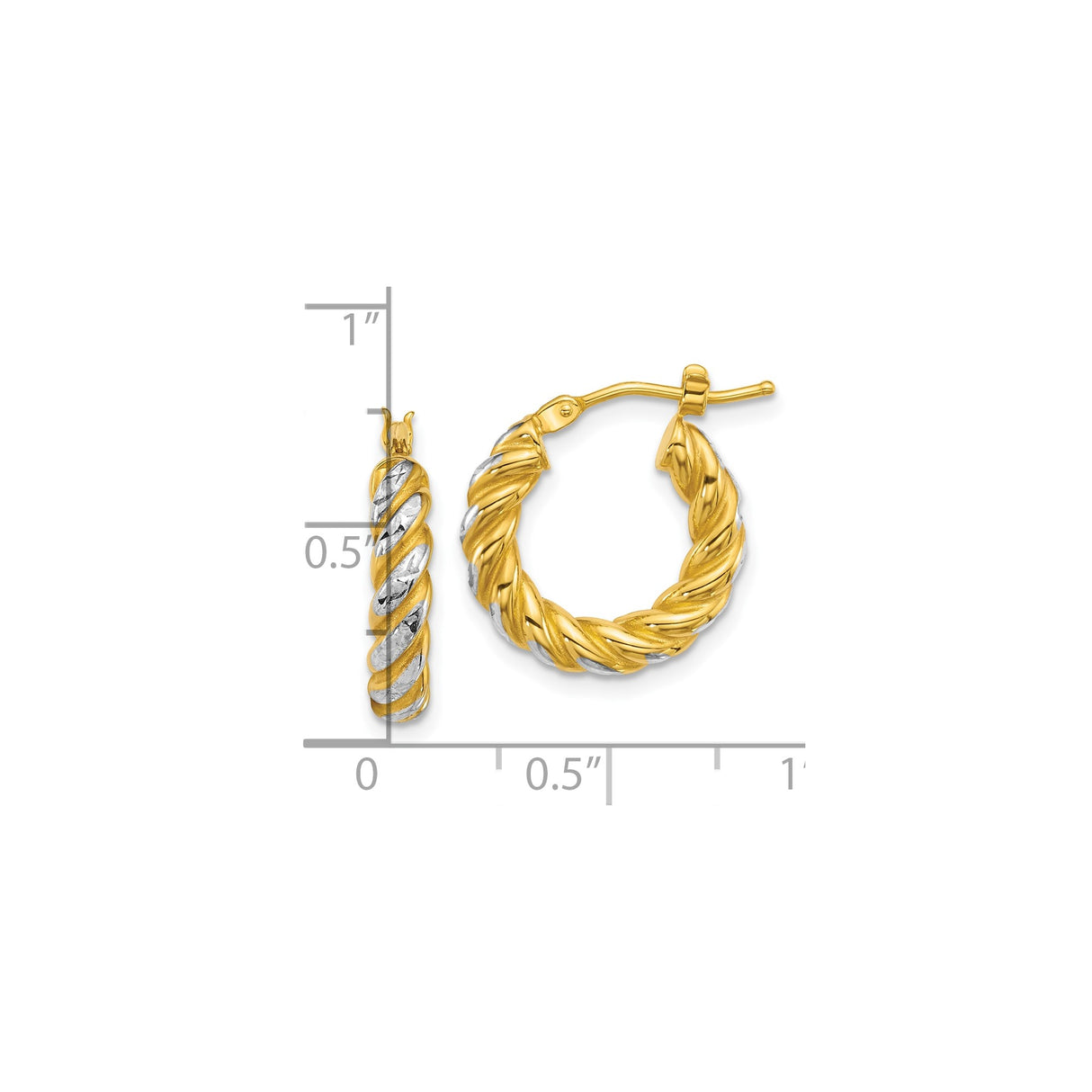 14k Yellow Gold Crossover Hoop Earrings with Twisted Two-Tone Rope Design