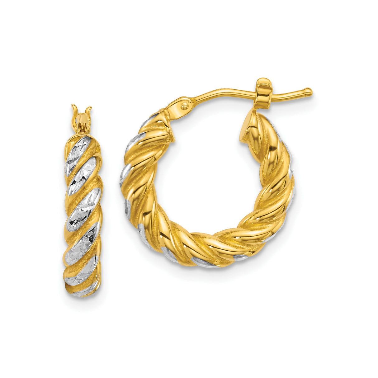 14k Yellow Gold Crossover Hoop Earrings with Twisted Two-Tone Rope Design