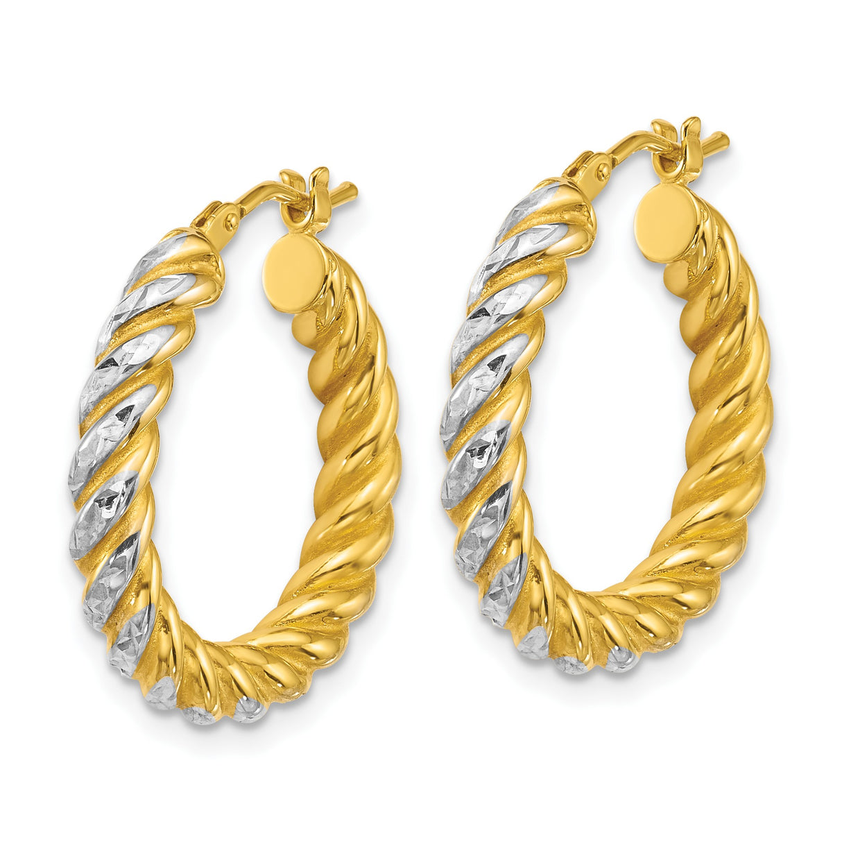 14k Yellow Gold Hoop Earrings, Two-Tone Rhodium Twisted Design with Diamond Cut Texture