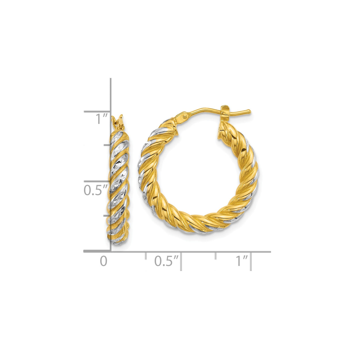 14k Yellow Gold Hoop Earrings, Two-Tone Rhodium Twisted Design with Diamond Cut Texture