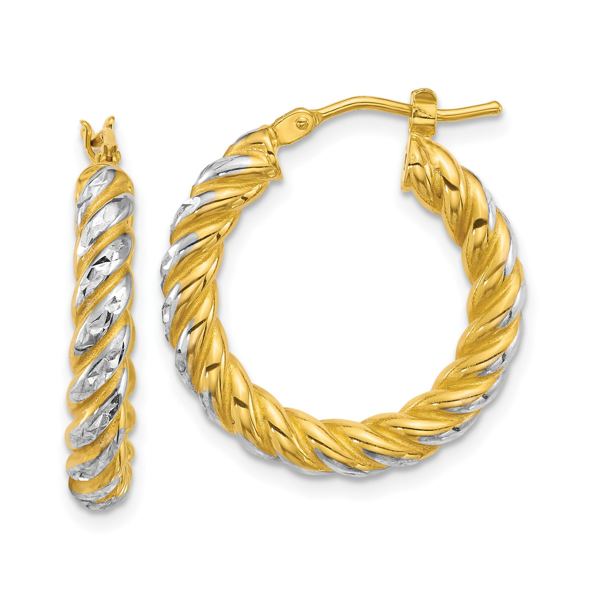14k Yellow Gold Hoop Earrings, Two-Tone Rhodium Twisted Design with Diamond Cut Texture