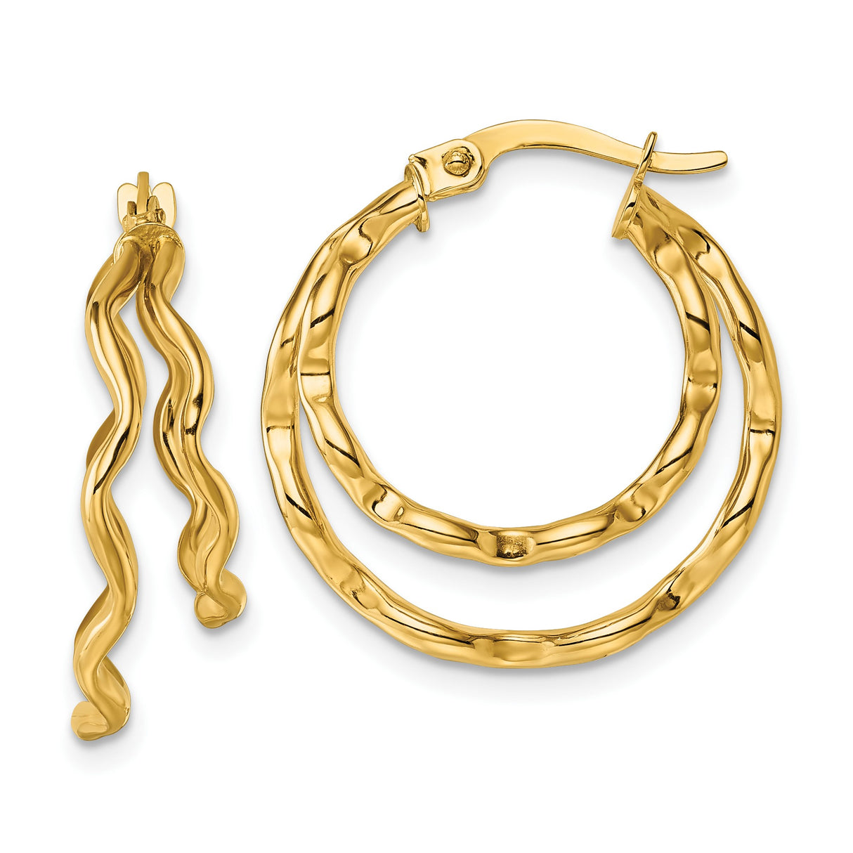 14k Yellow Gold Hoop Earrings with Twisted Wavy Textured Design for Women