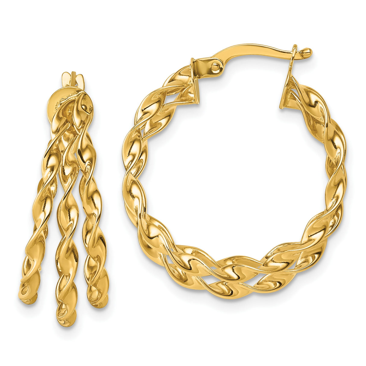 14k Yellow Gold Hoop Earrings, Twisted Braid Design, Polished Finish, Bold Statement Style