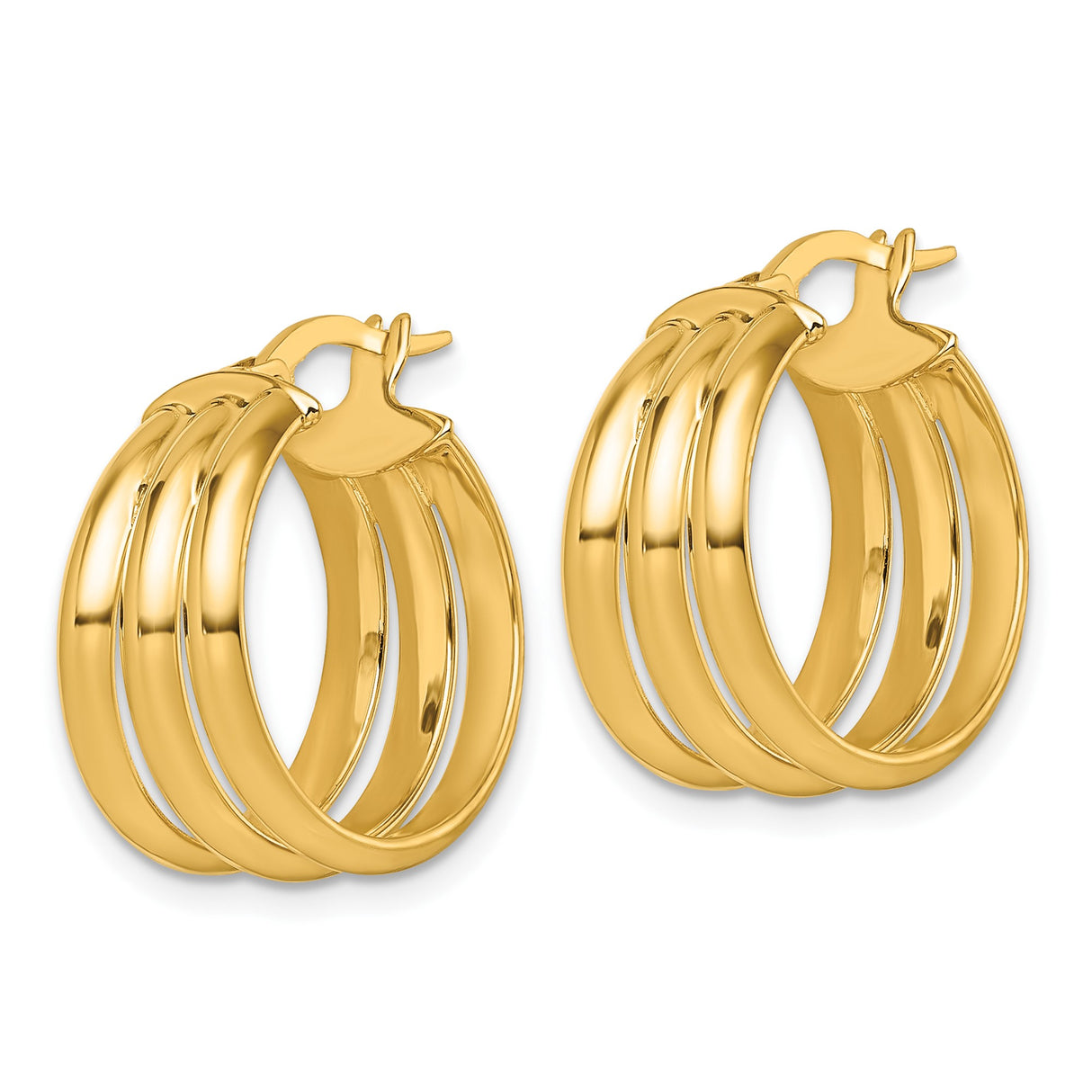 14k Yellow Gold Hoop Earrings, Triple Bar Layered Design, High Polish Finish, Latch Back Closure