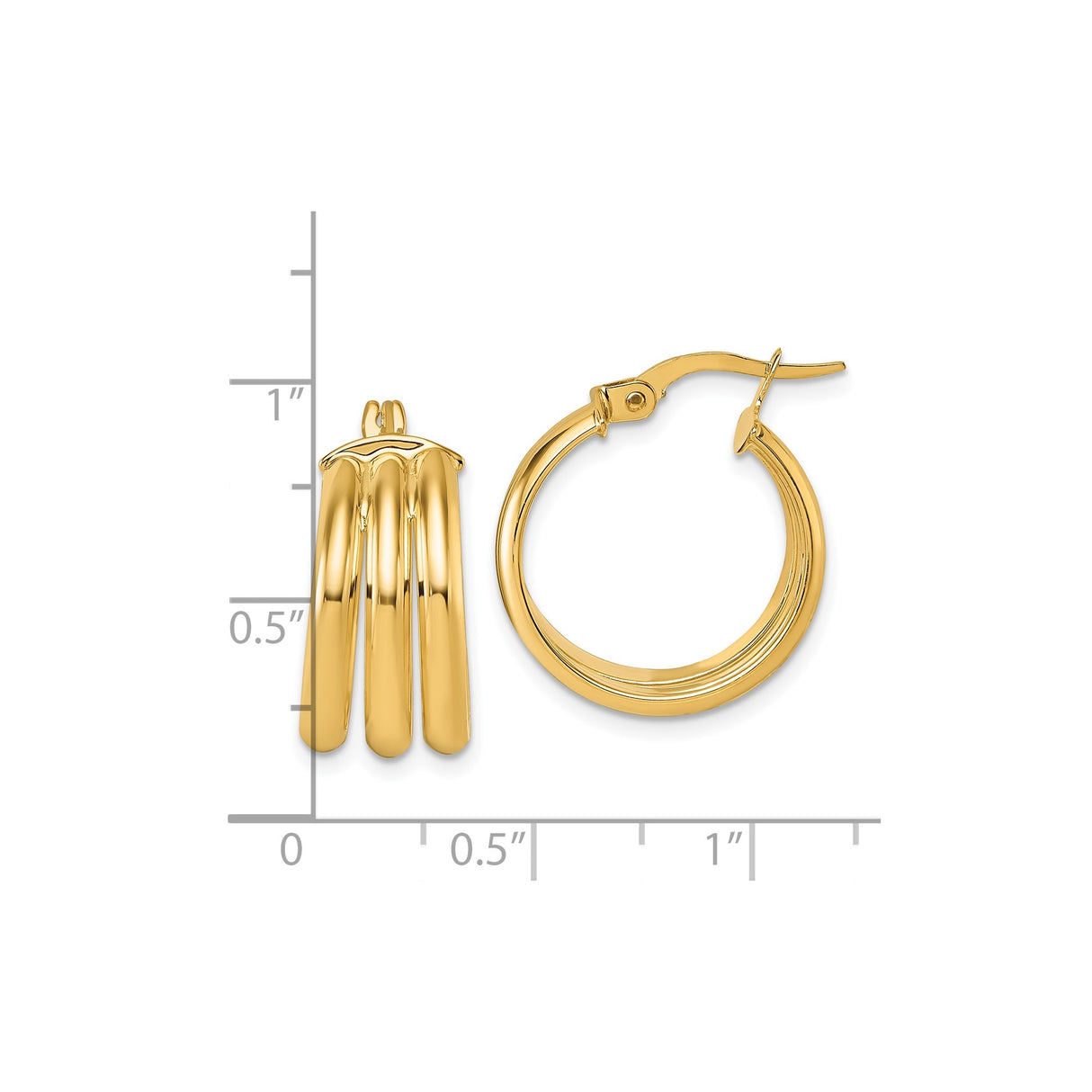 14k Yellow Gold Hoop Earrings, Triple Bar Layered Design, High Polish Finish, Latch Back Closure