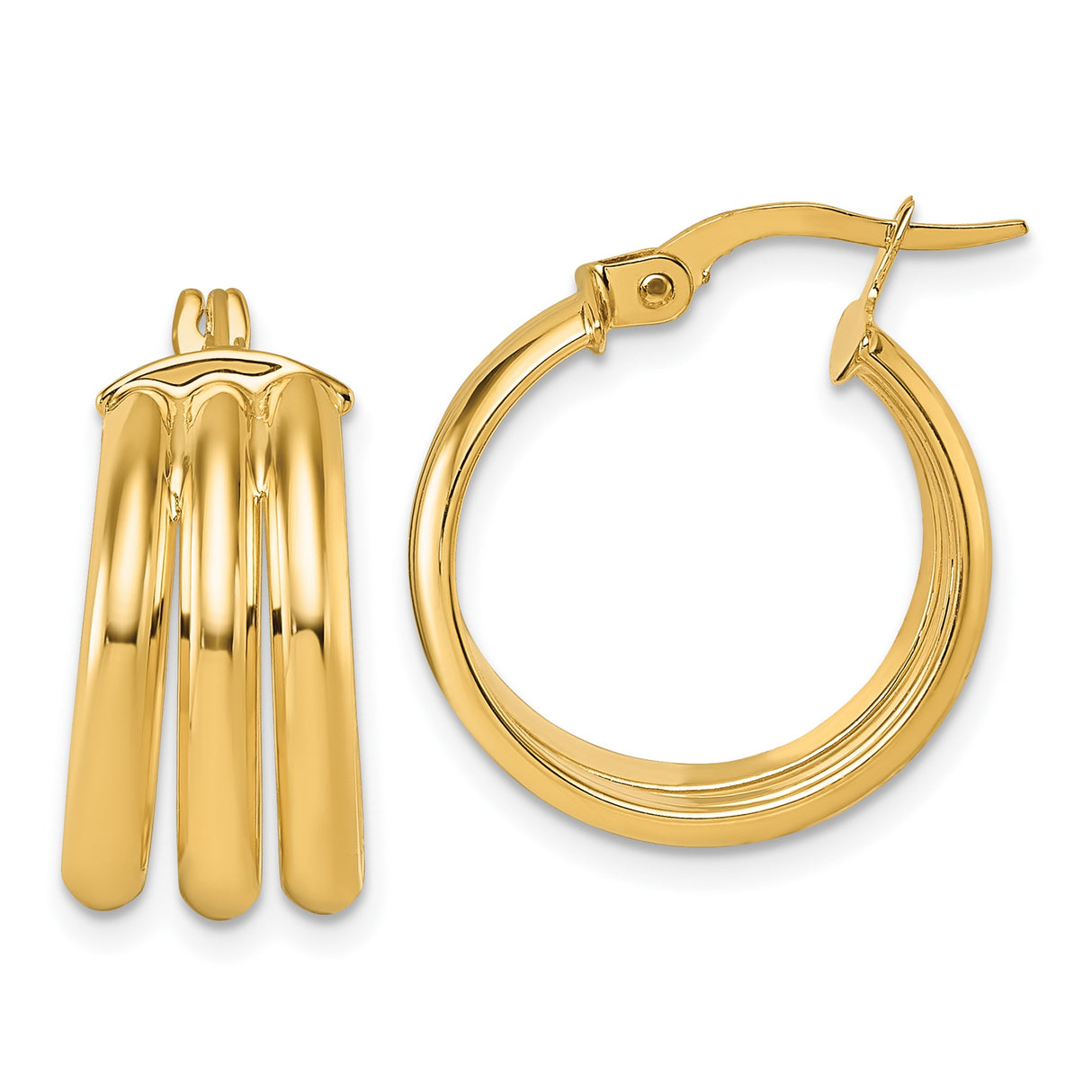 14k Yellow Gold Hoop Earrings, Triple Bar Layered Design, High Polish Finish, Latch Back Closure