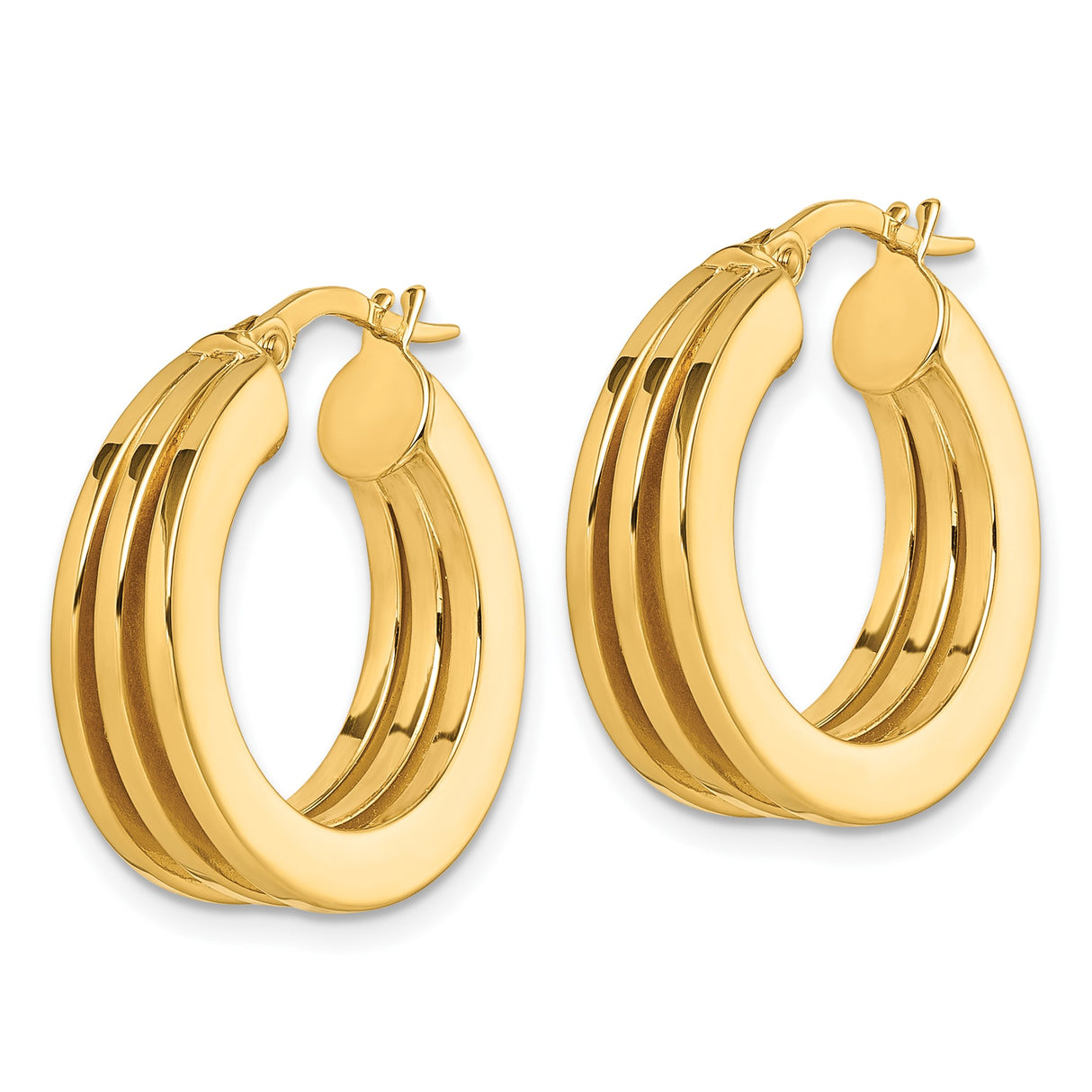 14k Yellow Gold Hoop Earrings, Triple Row High Polish Finish, Bold Classic Round Design