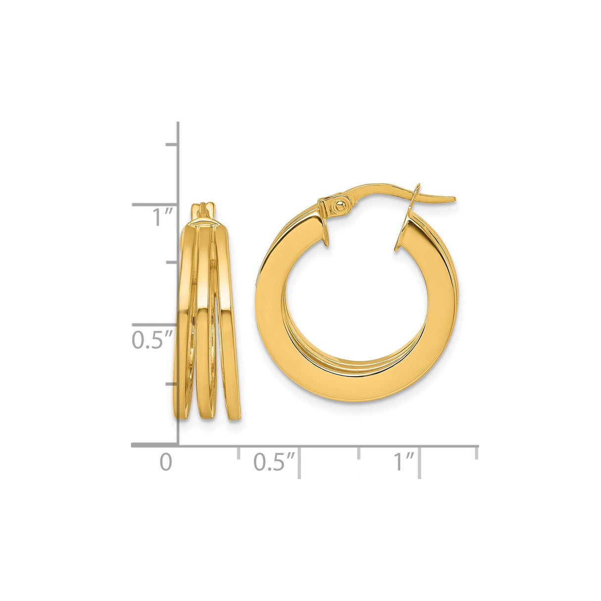 14k Yellow Gold Hoop Earrings, Triple Row High Polish Finish, Bold Classic Round Design