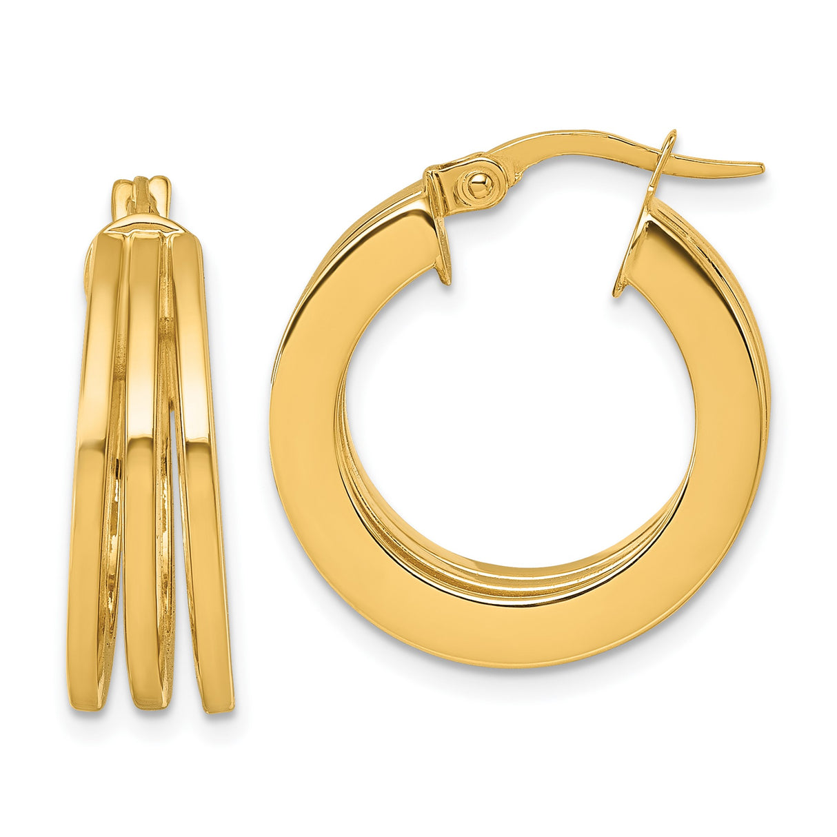 14k Yellow Gold Hoop Earrings, Triple Row High Polish Finish, Bold Classic Round Design