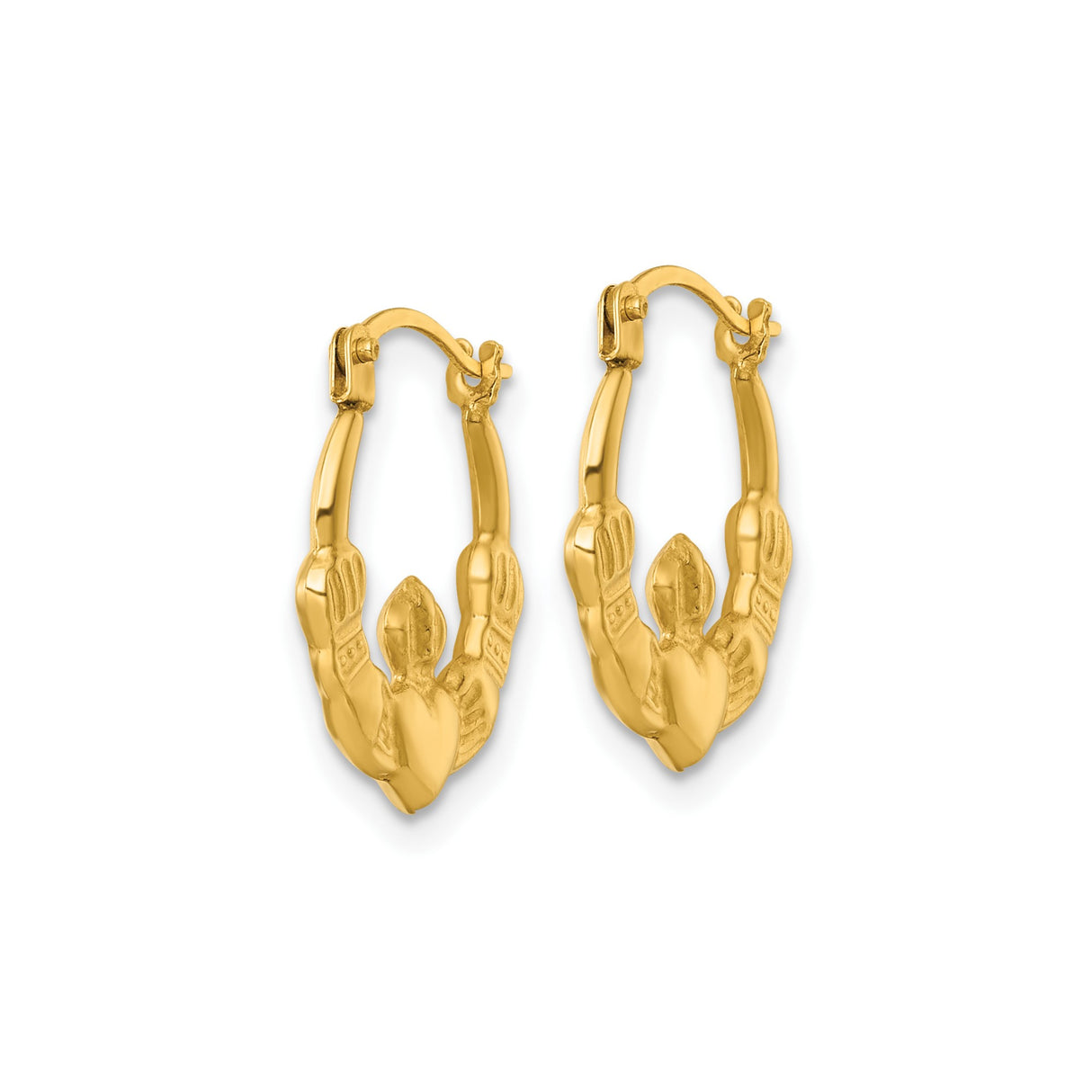 14k Yellow Gold Claddagh Hoop Earrings with Heart Hands Crown Symbol, Traditional Irish Design