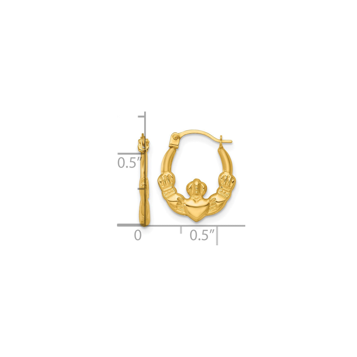 14k Yellow Gold Claddagh Hoop Earrings with Heart Hands Crown Symbol, Traditional Irish Design