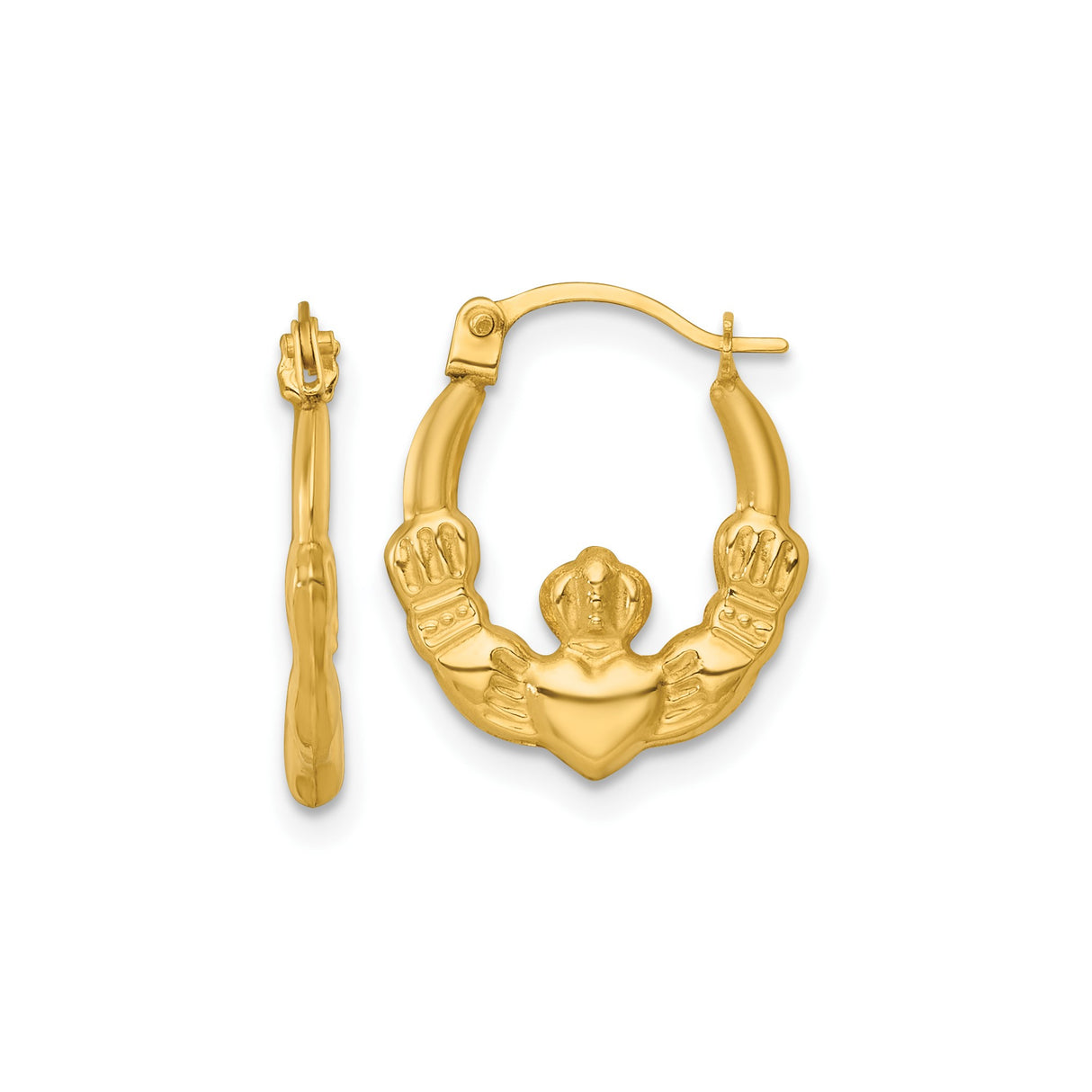 14k Yellow Gold Claddagh Hoop Earrings with Heart Hands Crown Symbol, Traditional Irish Design