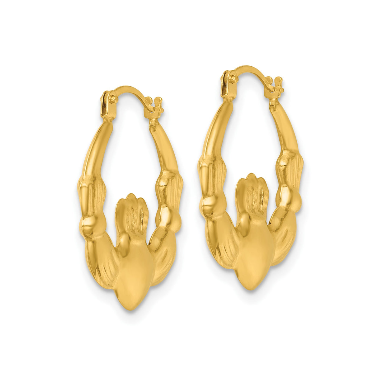 14k Yellow Gold Claddagh Hoop Earrings with Heart, Crown, and Hands Symbol