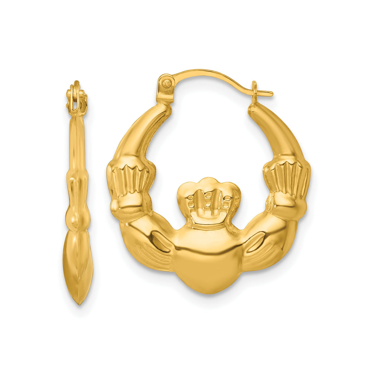 14k Yellow Gold Claddagh Hoop Earrings with Heart, Crown, and Hands Symbol