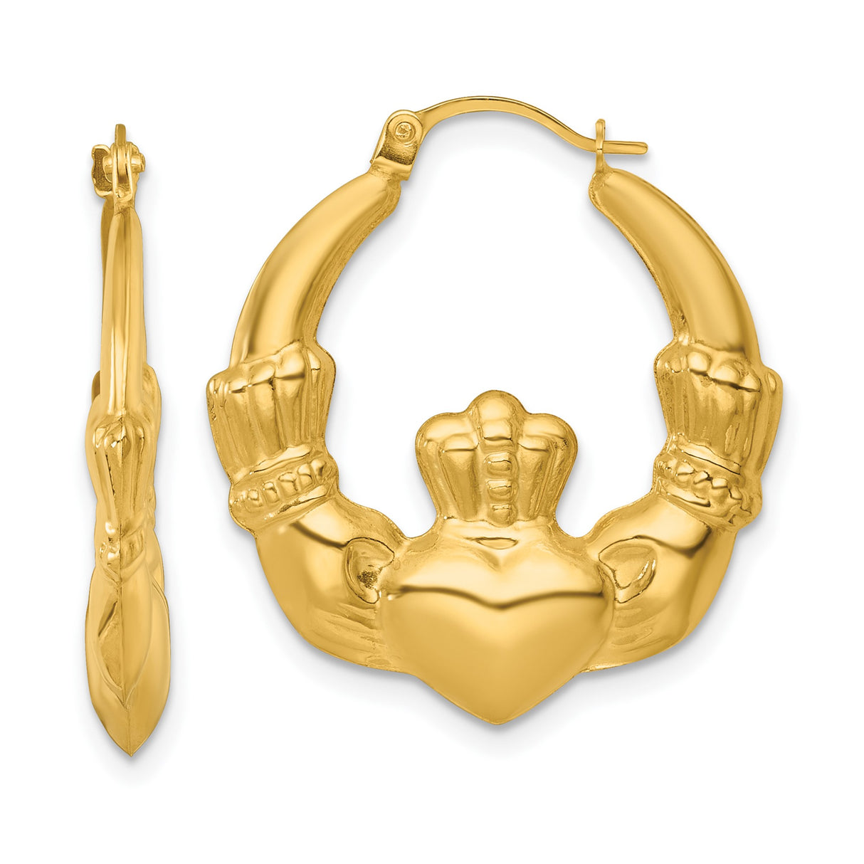 14k Yellow Gold Claddagh Hoop Earrings, Irish Heart Crown Hands Symbol, Celtic Heritage Jewelry