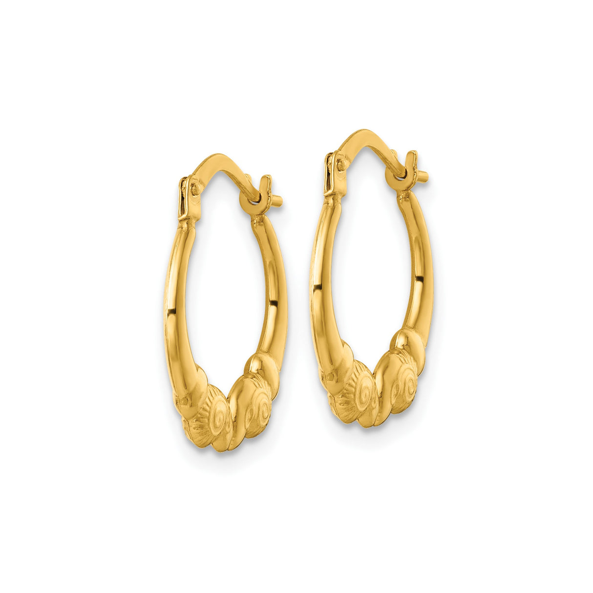 14k Yellow Gold Hoop Earrings with Vintage Scroll and Shell Motif Detailing