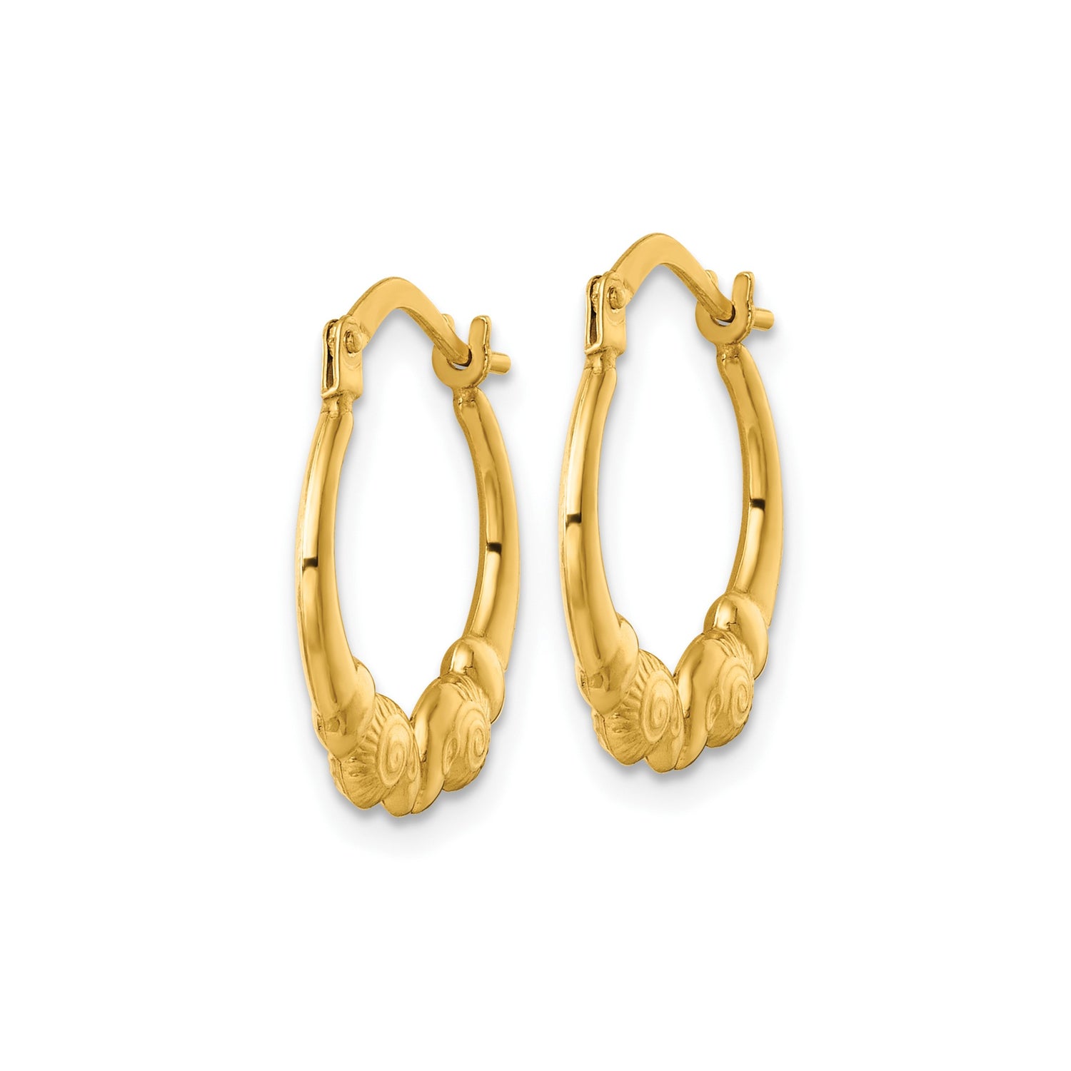 14k Yellow Gold Hoop Earrings with Vintage Scroll and Shell Motif Detailing