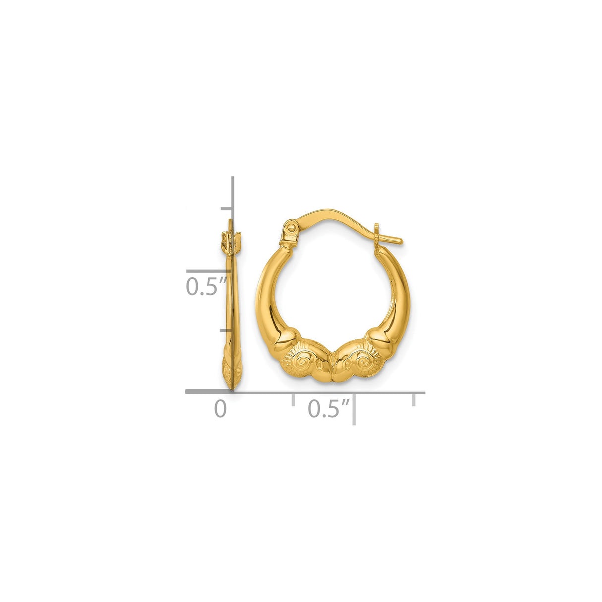 14k Yellow Gold Hoop Earrings with Vintage Scroll and Shell Motif Detailing