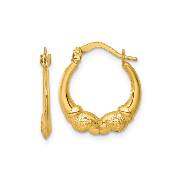 14k Yellow Gold Hoop Earrings with Vintage Scroll and Shell Motif Detailing