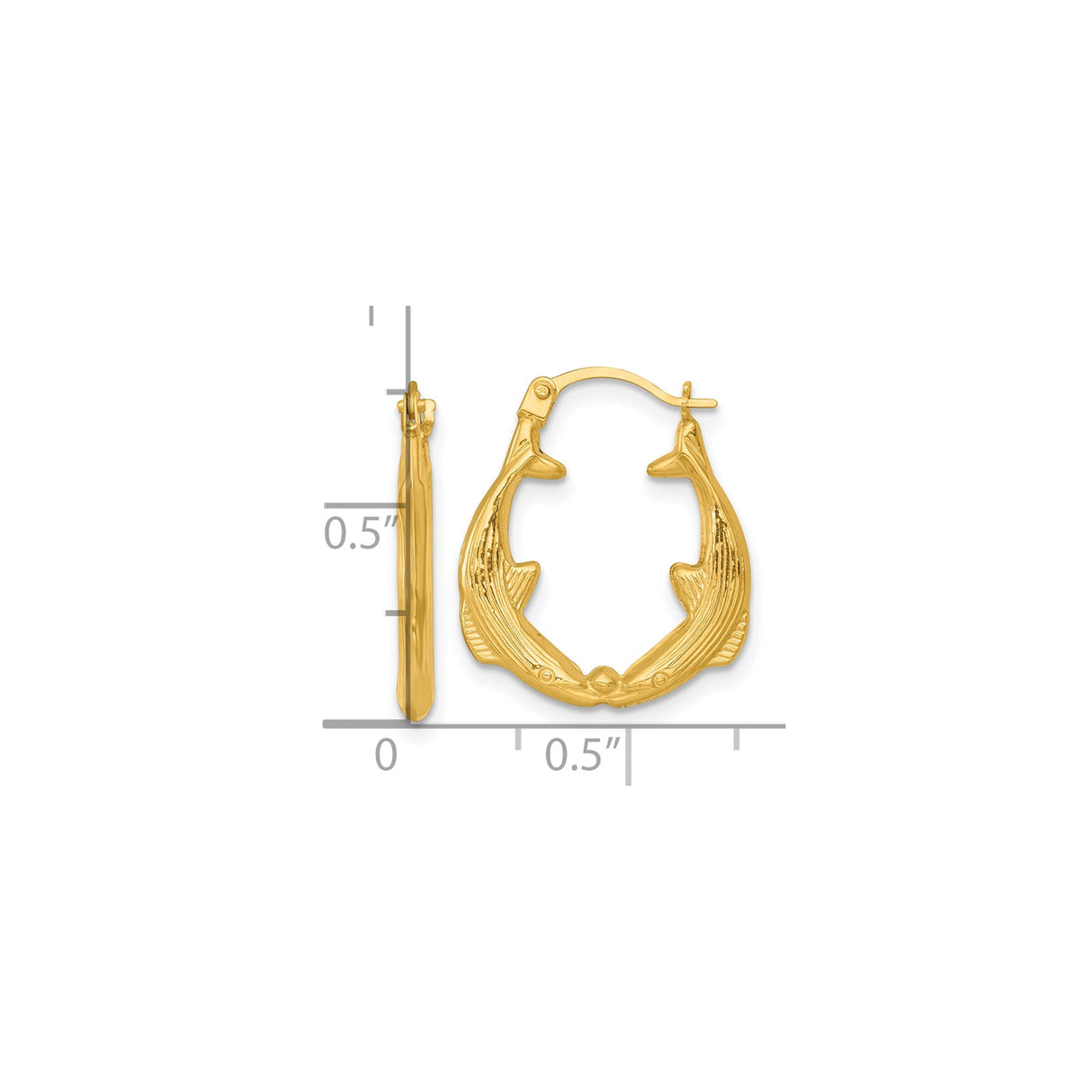 14k Yellow Gold Dolphin Hoop Earrings with Facing Kissing Dolphins, Ocean Inspired Jewelry