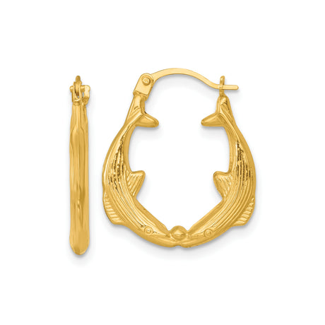 14k Yellow Gold Dolphin Hoop Earrings with Facing Kissing Dolphins, Ocean Inspired Jewelry