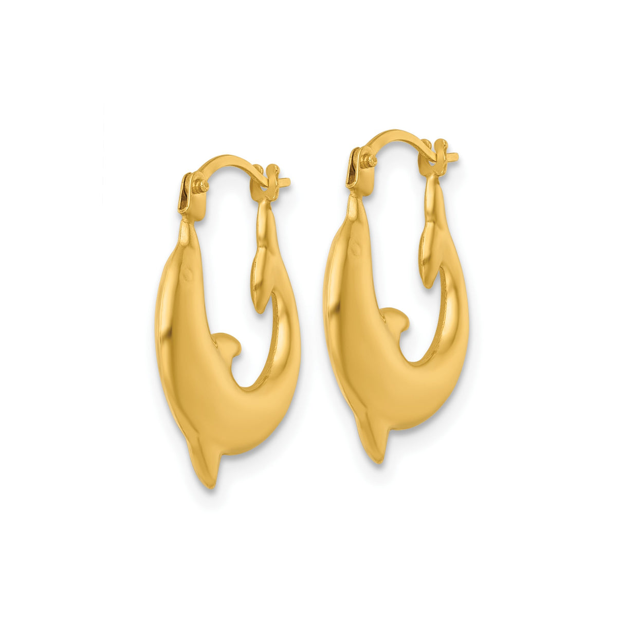 14k Yellow Gold Dolphin Hoop Earrings, Polished Nautical Animal Design for Women
