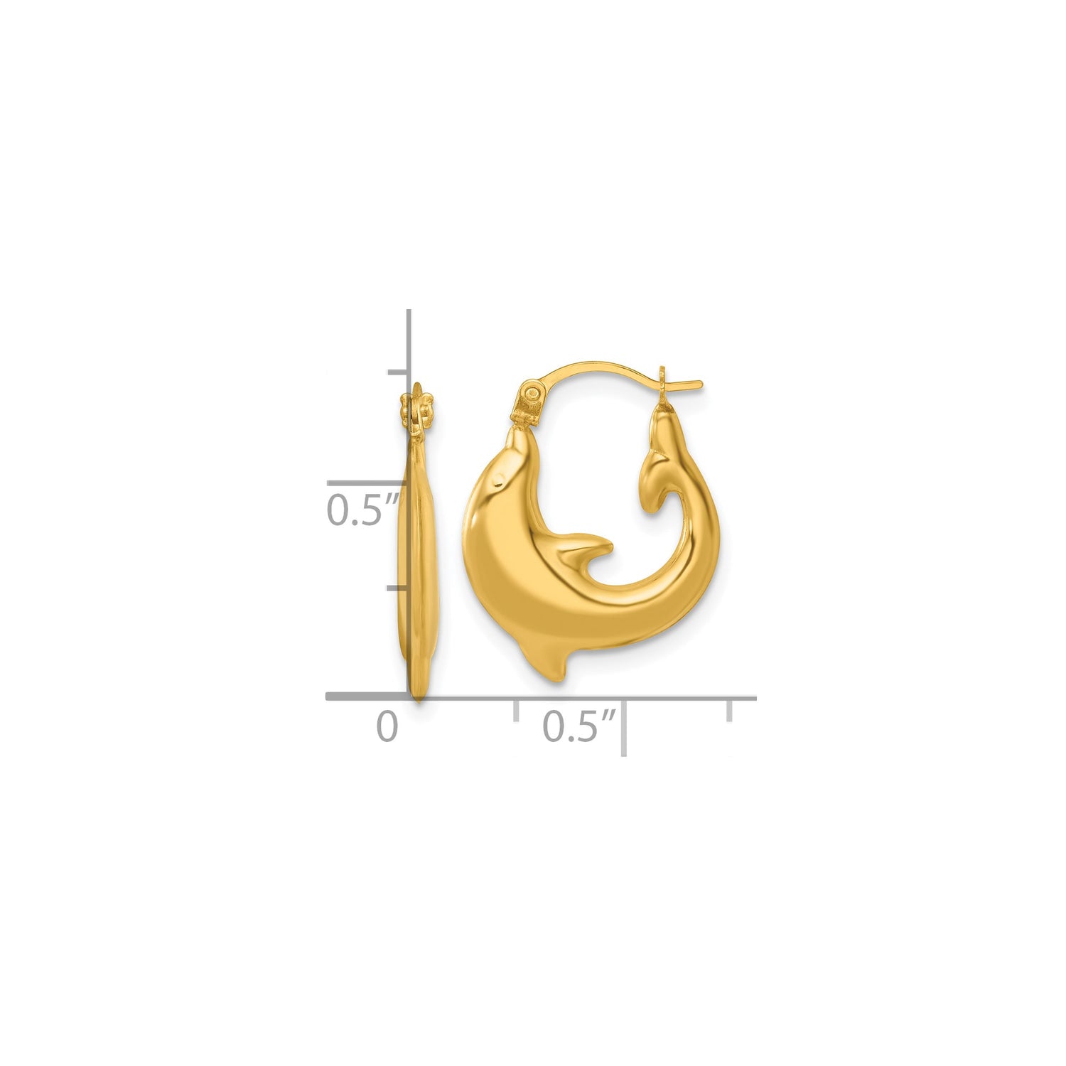 14k Yellow Gold Dolphin Hoop Earrings, Polished Nautical Animal Design for Women