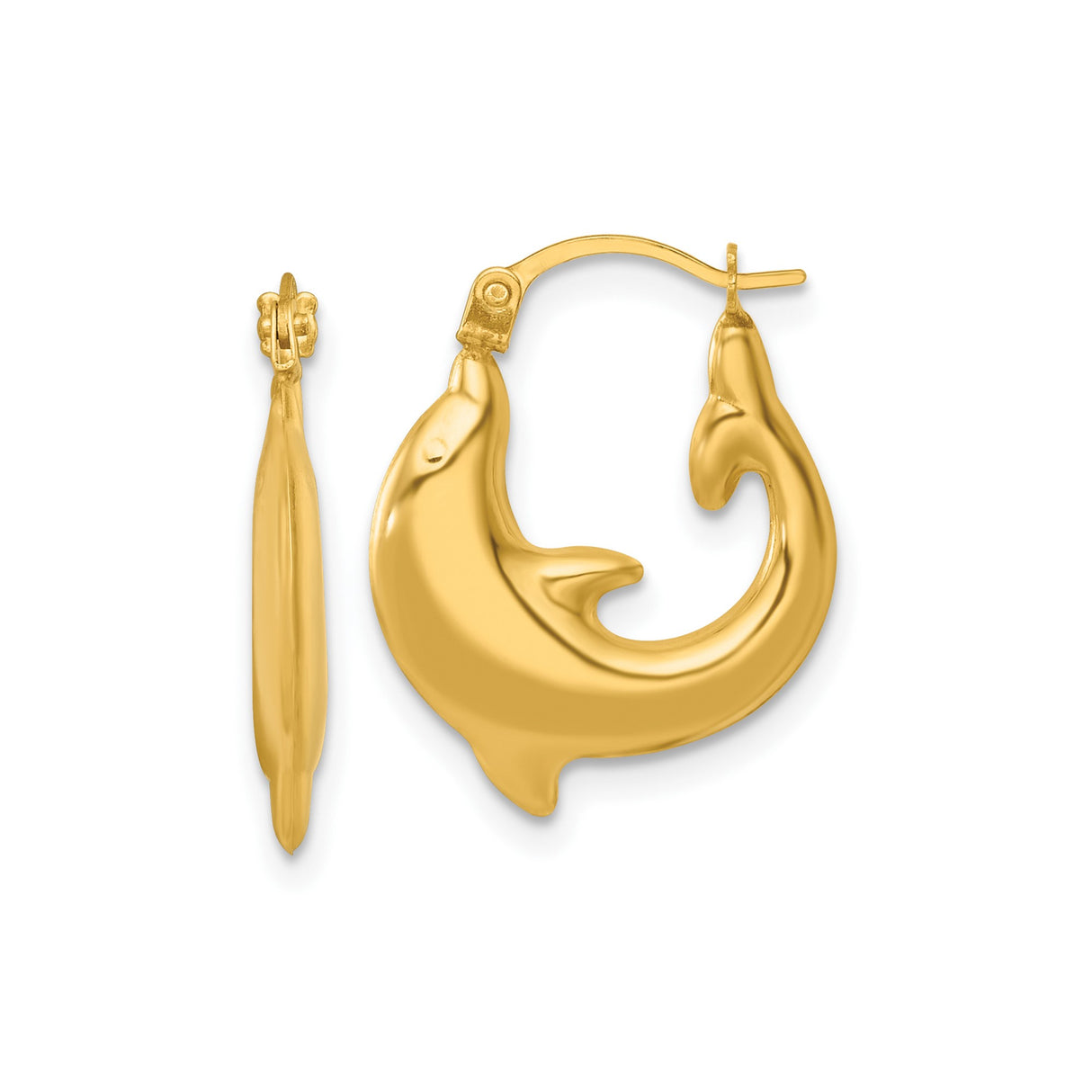 14k Yellow Gold Dolphin Hoop Earrings, Polished Nautical Animal Design for Women