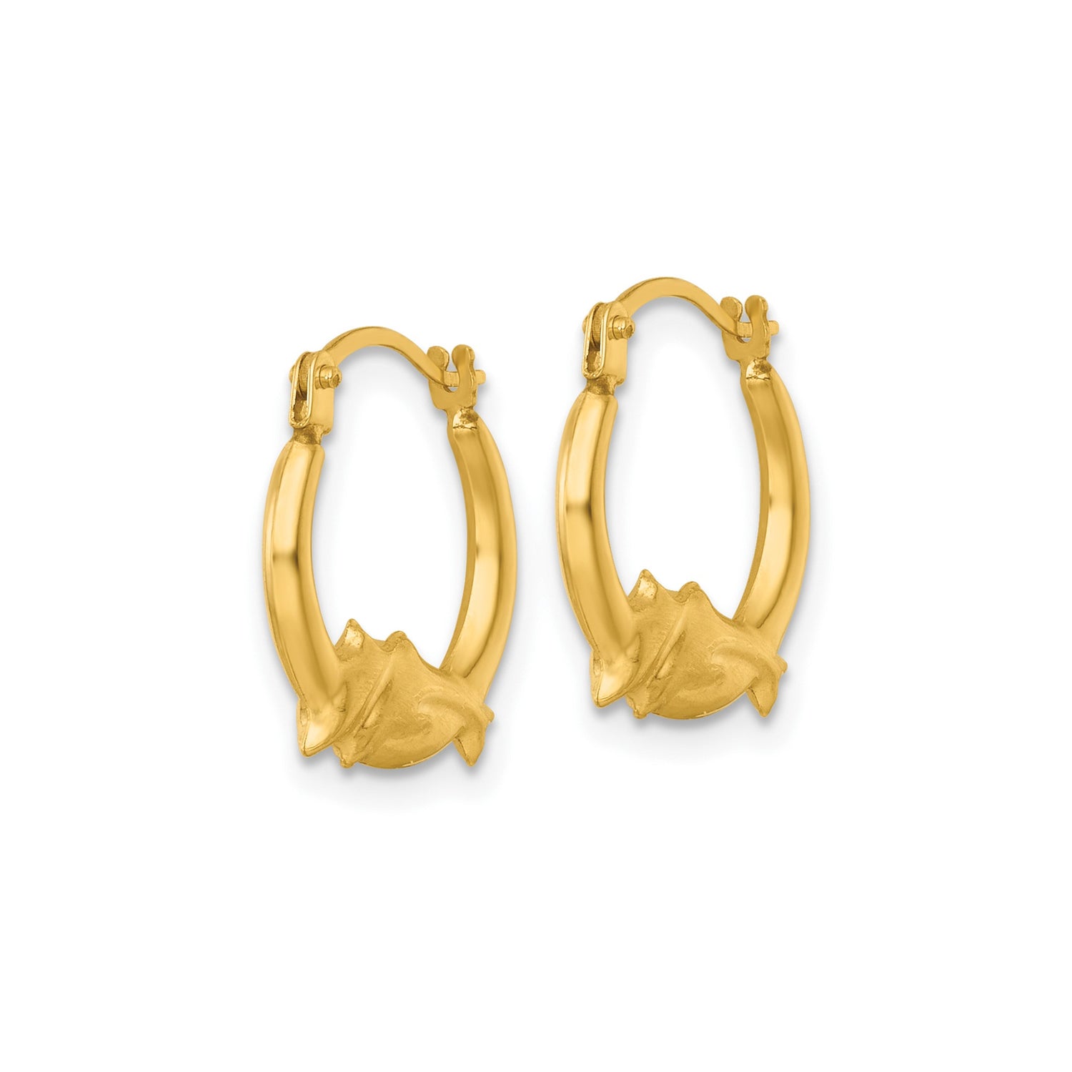 14k Yellow Gold Dolphin Hoop Earrings, Polished Finish, Latch-Back, Nautical Theme for Women and Teens