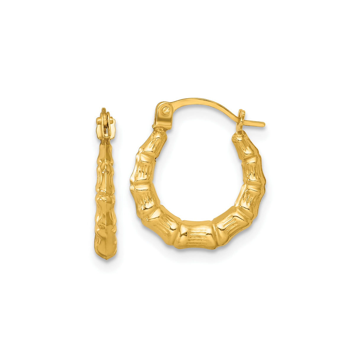 14k Yellow Gold Bamboo Hoop Earrings, Textured Nature-Inspired Boho Style for Women