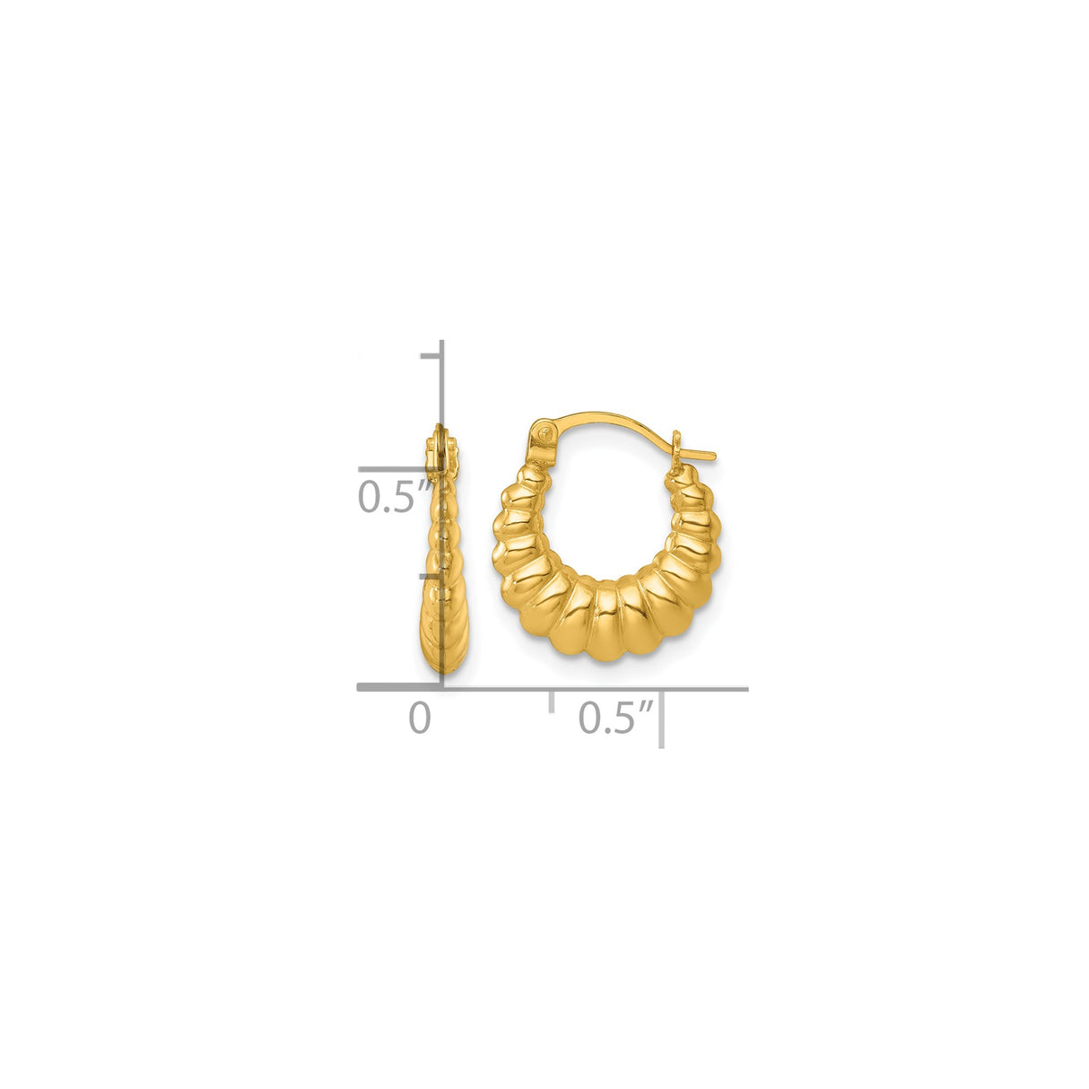 14k Yellow Gold Twisted Puff Hoop Earrings with Scalloped Ribbed Texture