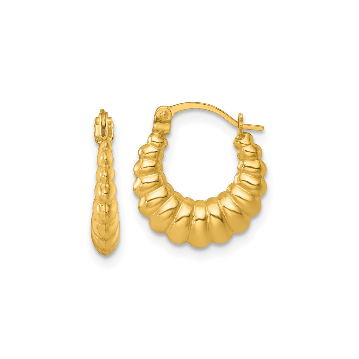 14k Yellow Gold Twisted Puff Hoop Earrings with Scalloped Ribbed Texture