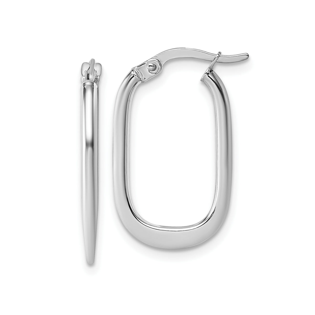 14k White Gold Oval Hoop Earrings, Sleek Polished Tapered Tube Design for Women