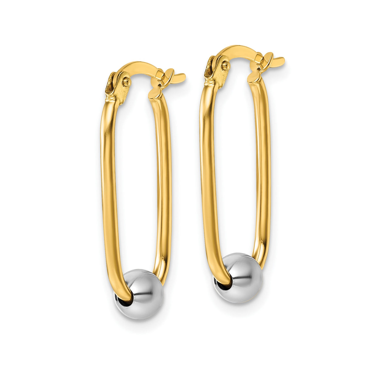14k Two-Tone Gold Oval Hoop Earrings with Polished White Bead Accent, Modern Minimalist Design