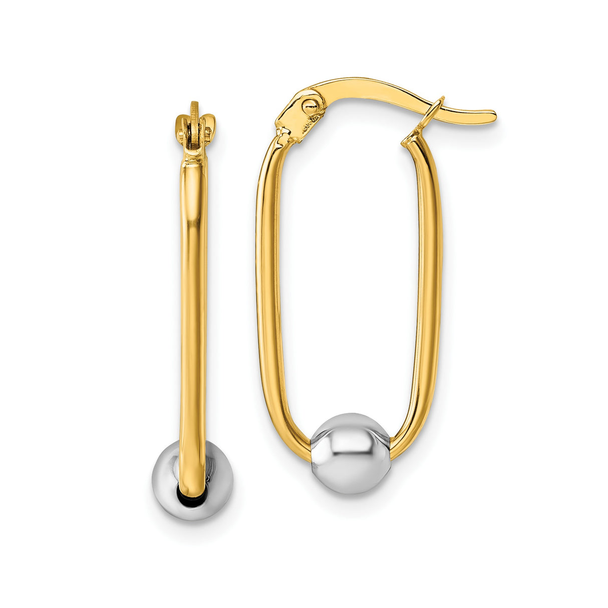 14k Two-Tone Gold Oval Hoop Earrings with Polished White Bead Accent, Modern Minimalist Design