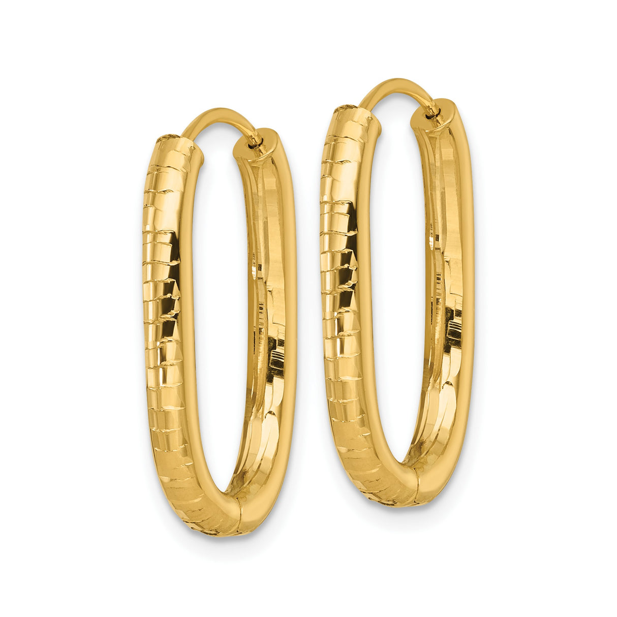 14k Yellow Gold Hoop Earrings, Oval Hinged Design with Polished and Textured Finish, 1 Inch Diameter