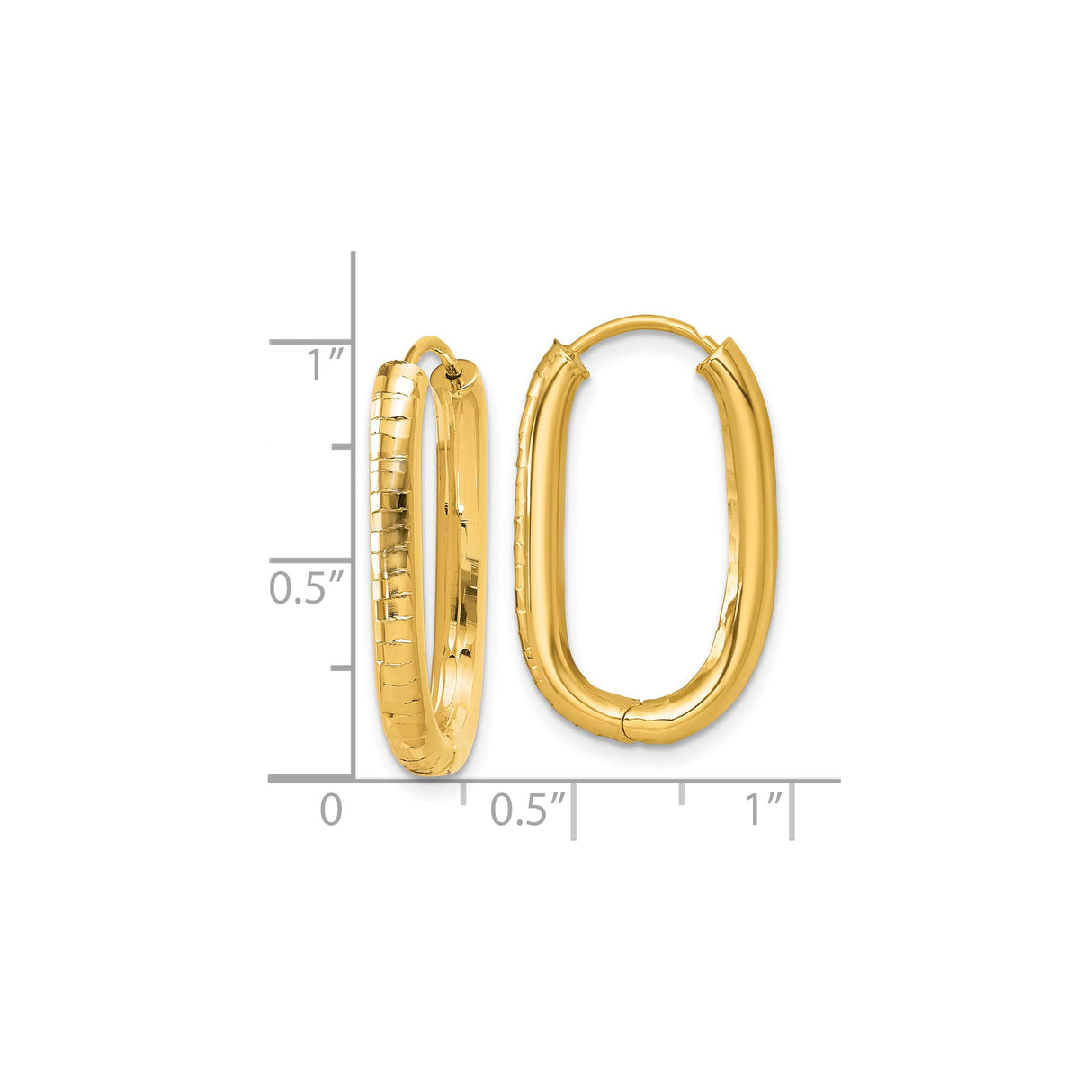 14k Yellow Gold Hoop Earrings, Oval Hinged Design with Polished and Textured Finish, 1 Inch Diameter