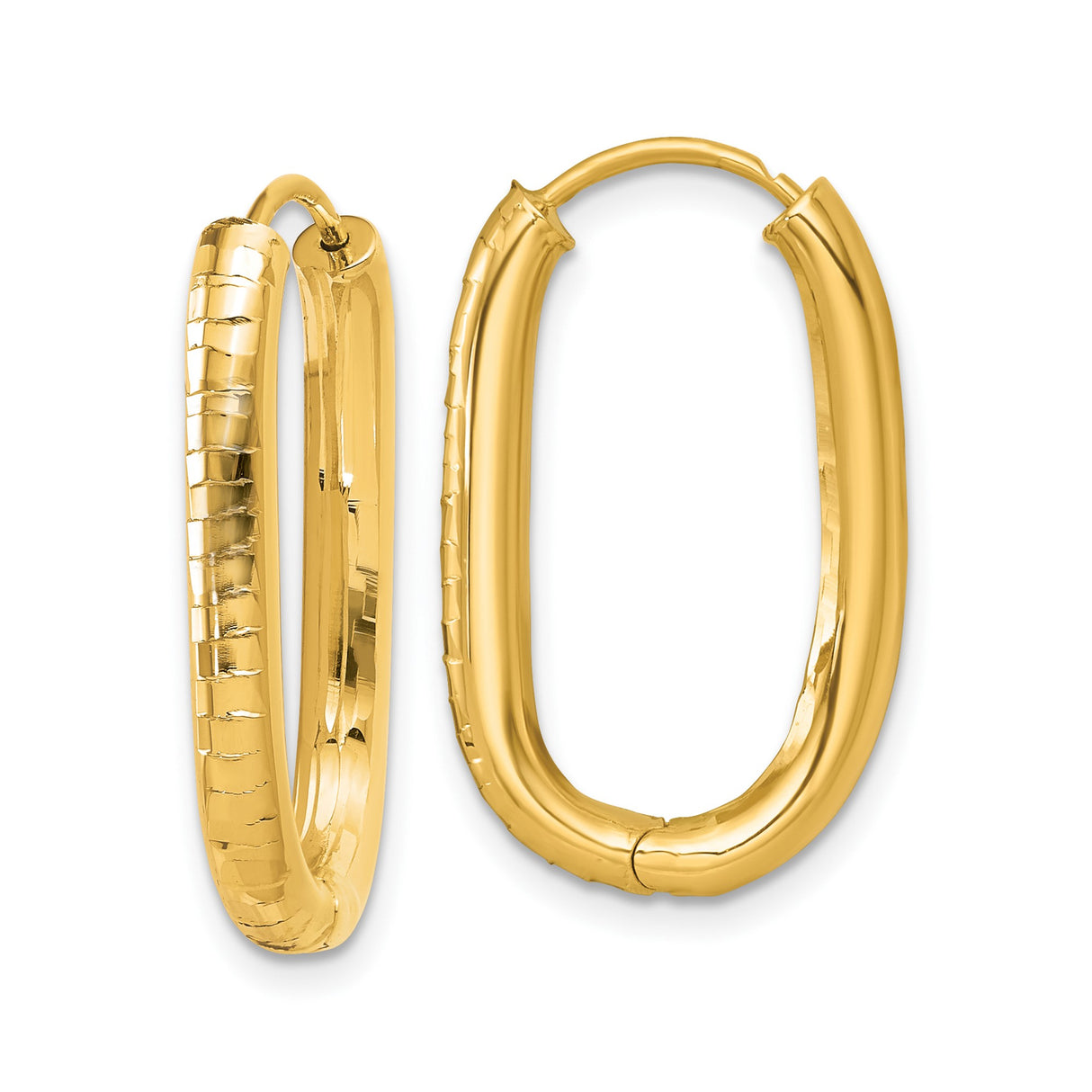 14k Yellow Gold Hoop Earrings, Oval Hinged Design with Polished and Textured Finish, 1 Inch Diameter