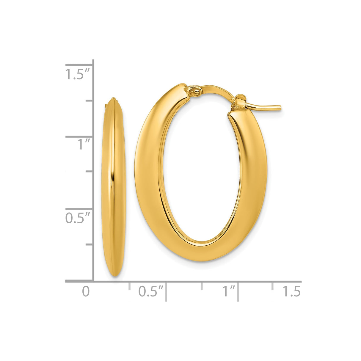 14k Yellow Gold Oval Hoop Earrings with Smooth High Polish Finish, Lightweight Snap Back Closure