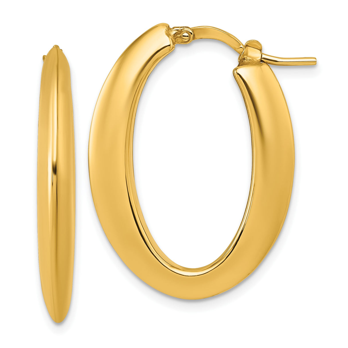 14k Yellow Gold Oval Hoop Earrings with Smooth High Polish Finish, Lightweight Snap Back Closure